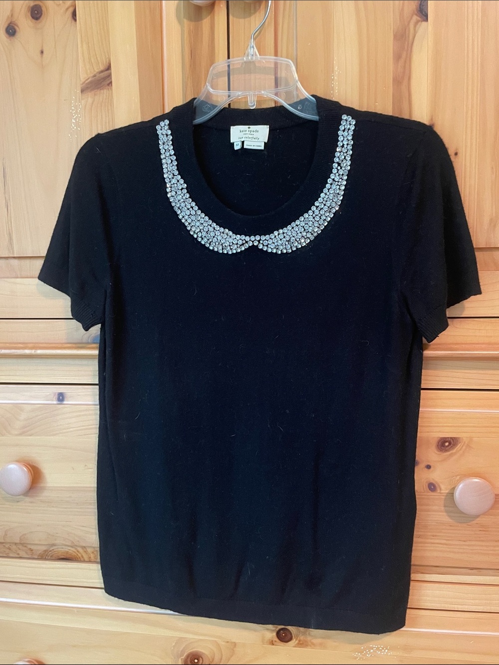 kate spade Black Short-Sleeve sweater with Crystal-Embellished Peter Pan Collar